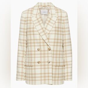 Wilfred Destiny Blazer in tan/cream plaid, double-breasted with shoulder pads